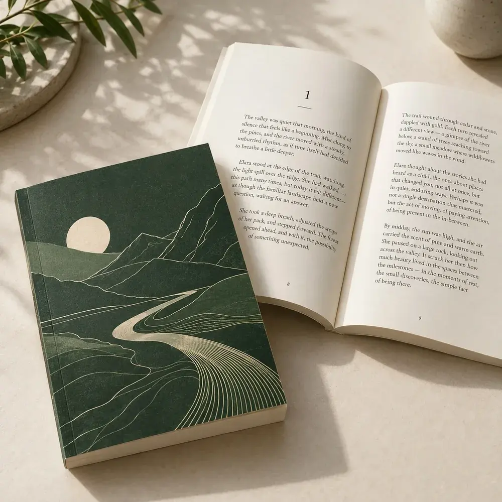 Book Printing printing mockup - forest green geometric layout