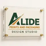 Alide Prints & Packaging layered acrylic studio name plate illustrative mockup