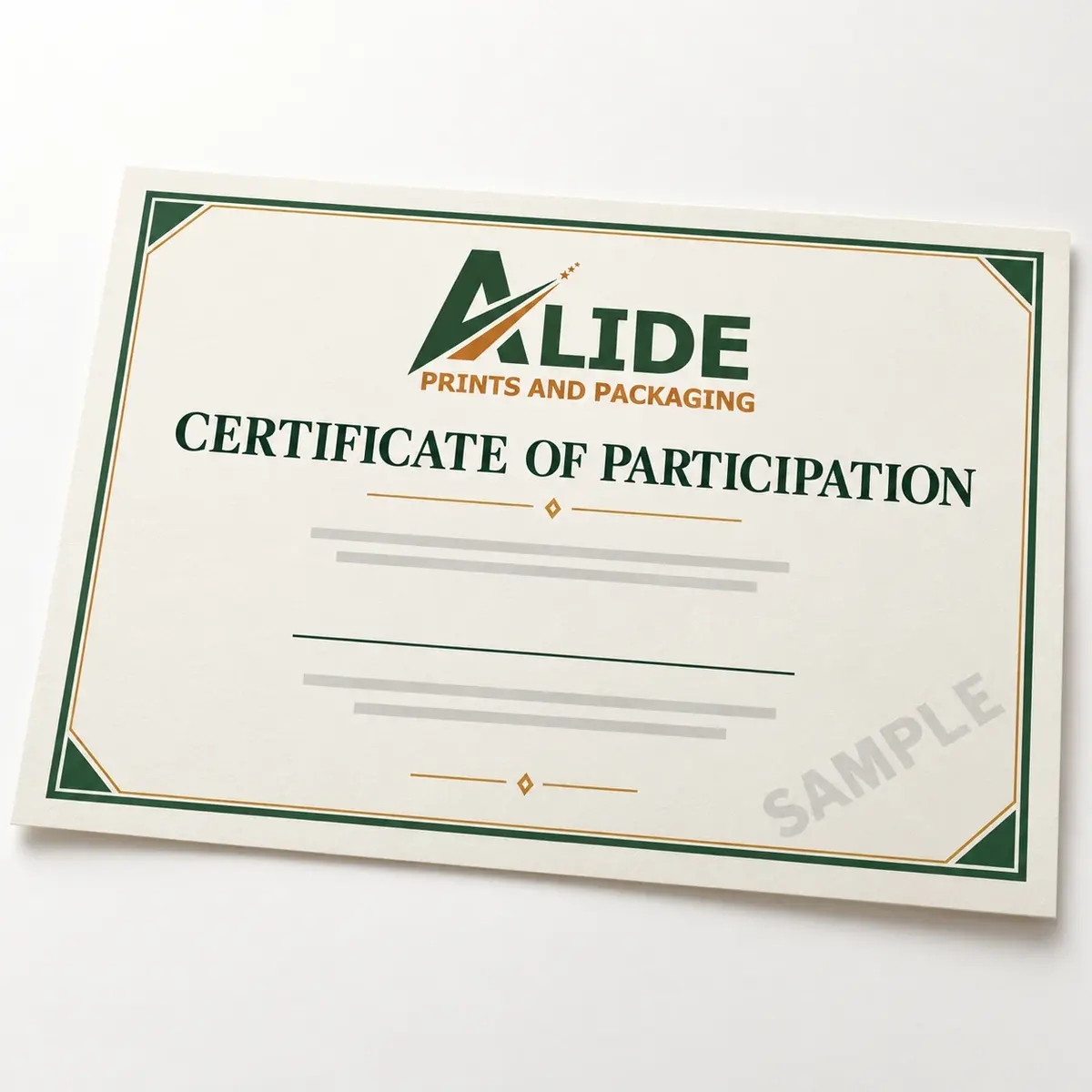 Alide Prints & Packaging landscape participation certificate sample illustrative mockup