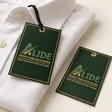 Illustrative Alide-branded luxury apparel tags with foil-effect branding