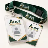 Illustrative Alide-branded employee ID card and forest-green lanyard