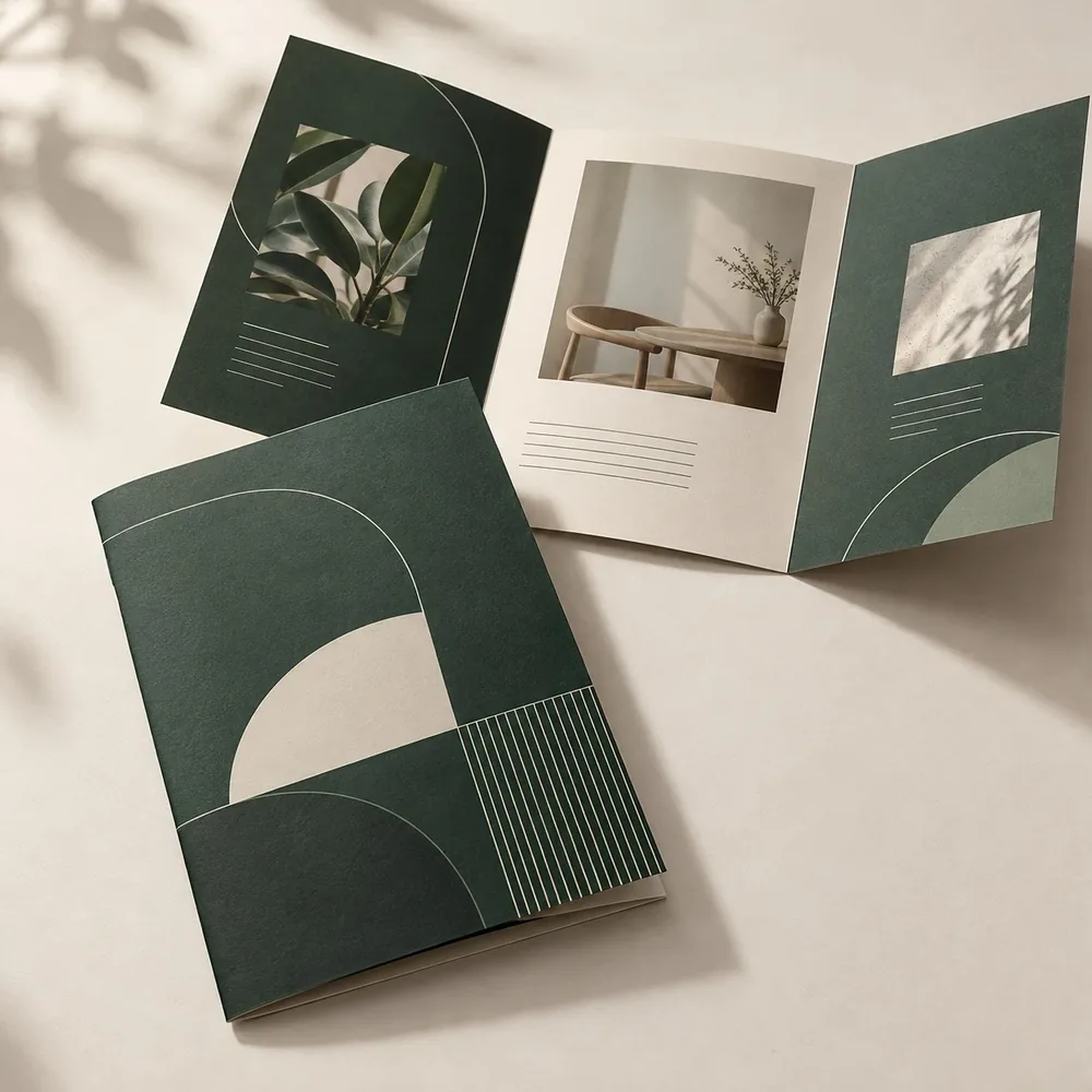Company Brochures printing mockup - forest green geometric layout