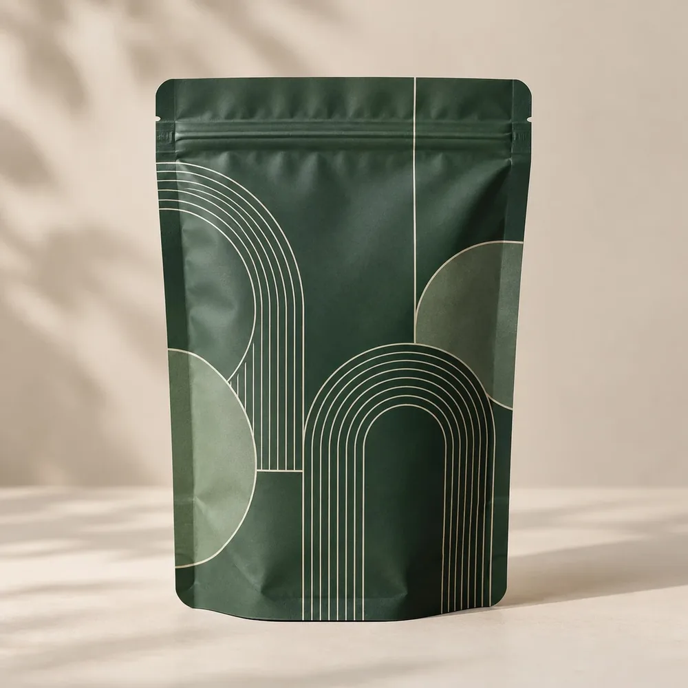 Custom Printed Pouches printing mockup - forest green geometric layout