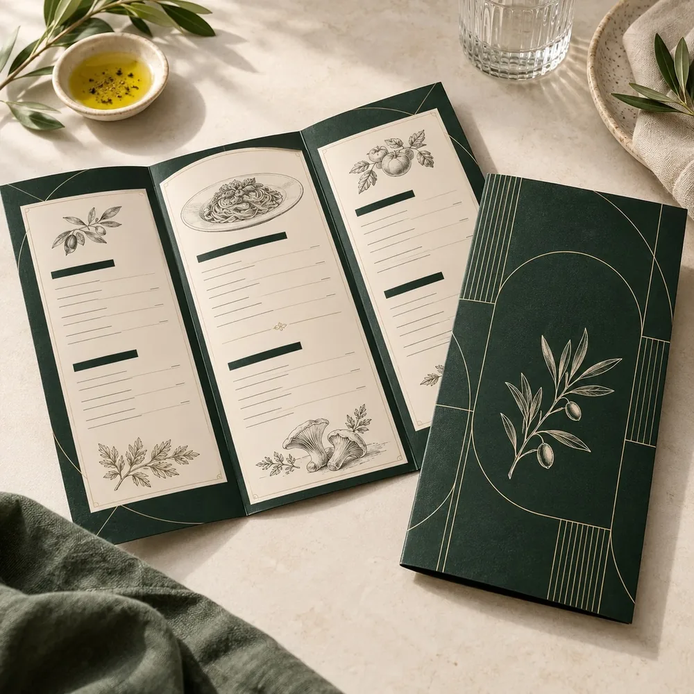 Menu Cards printing mockup - forest green geometric layout