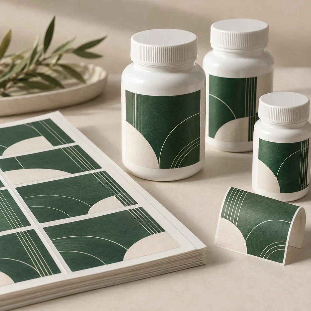 Pharma Labels printing mockup - forest green geometric layout
