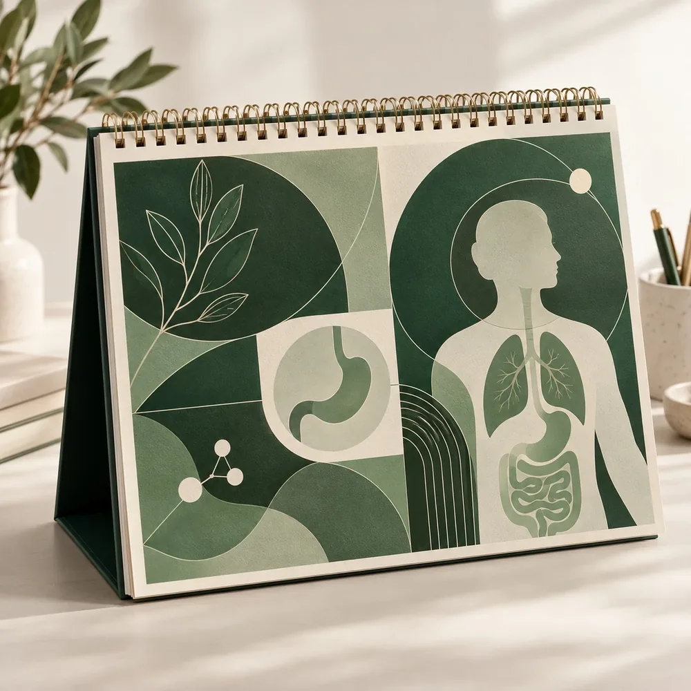 Pharma Visual Aids printing mockup - forest green geometric layout