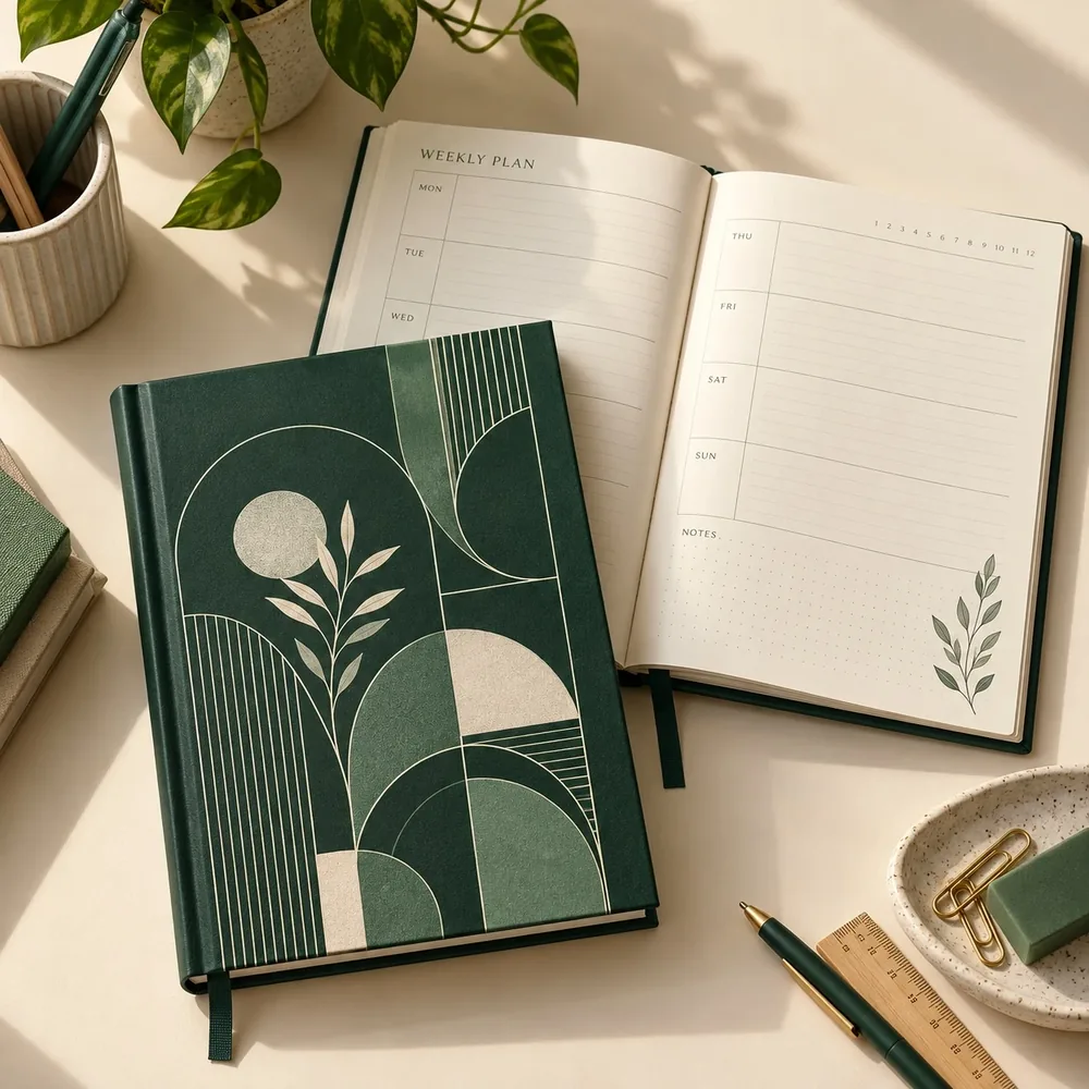 School Diaries printing mockup - forest green geometric layout
