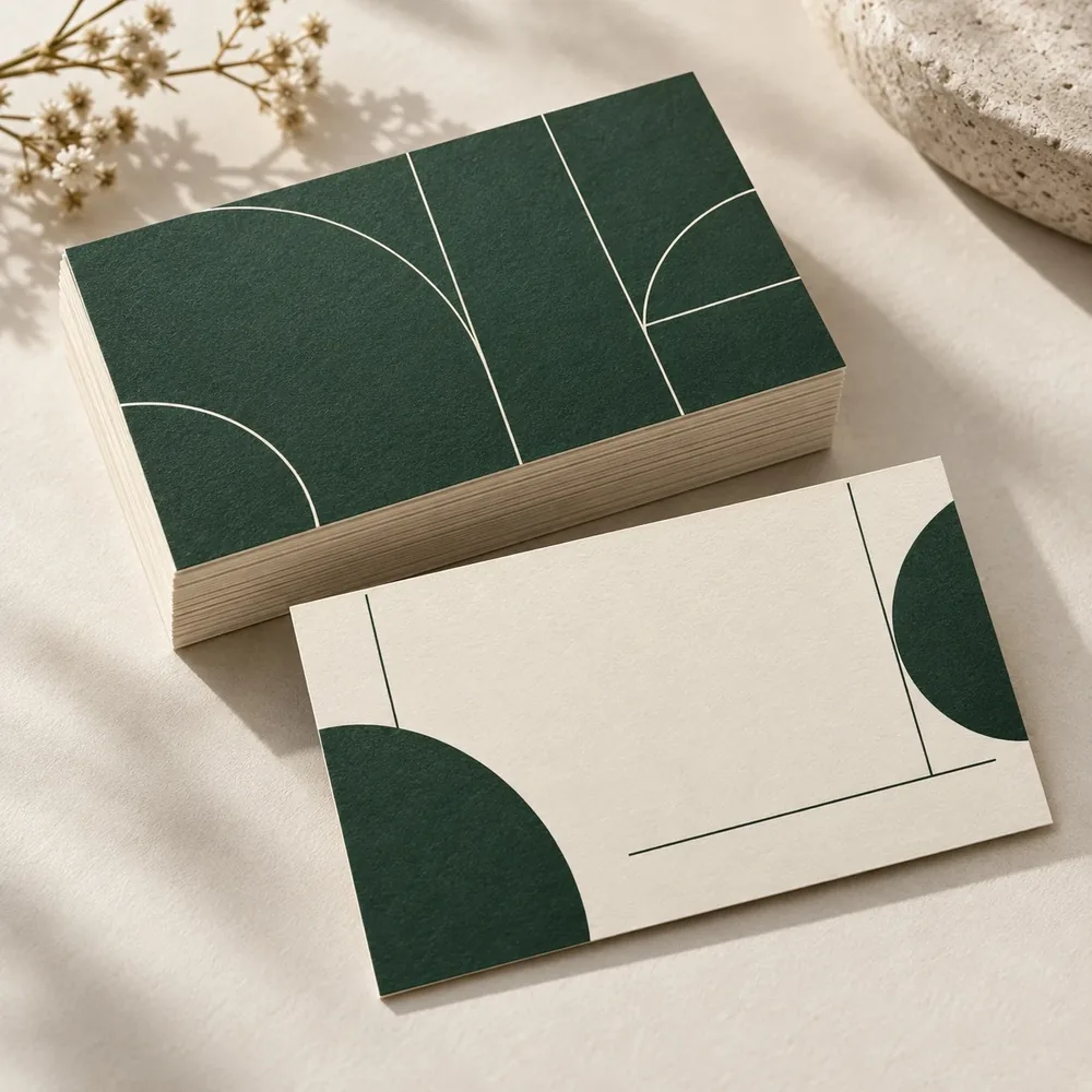 Visiting Cards printing mockup - forest green geometric layout